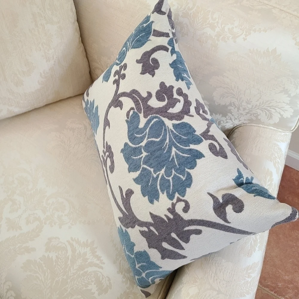 Beautiful Down Floral Throw Pillow, Blue and Grey, Measurements in Listing